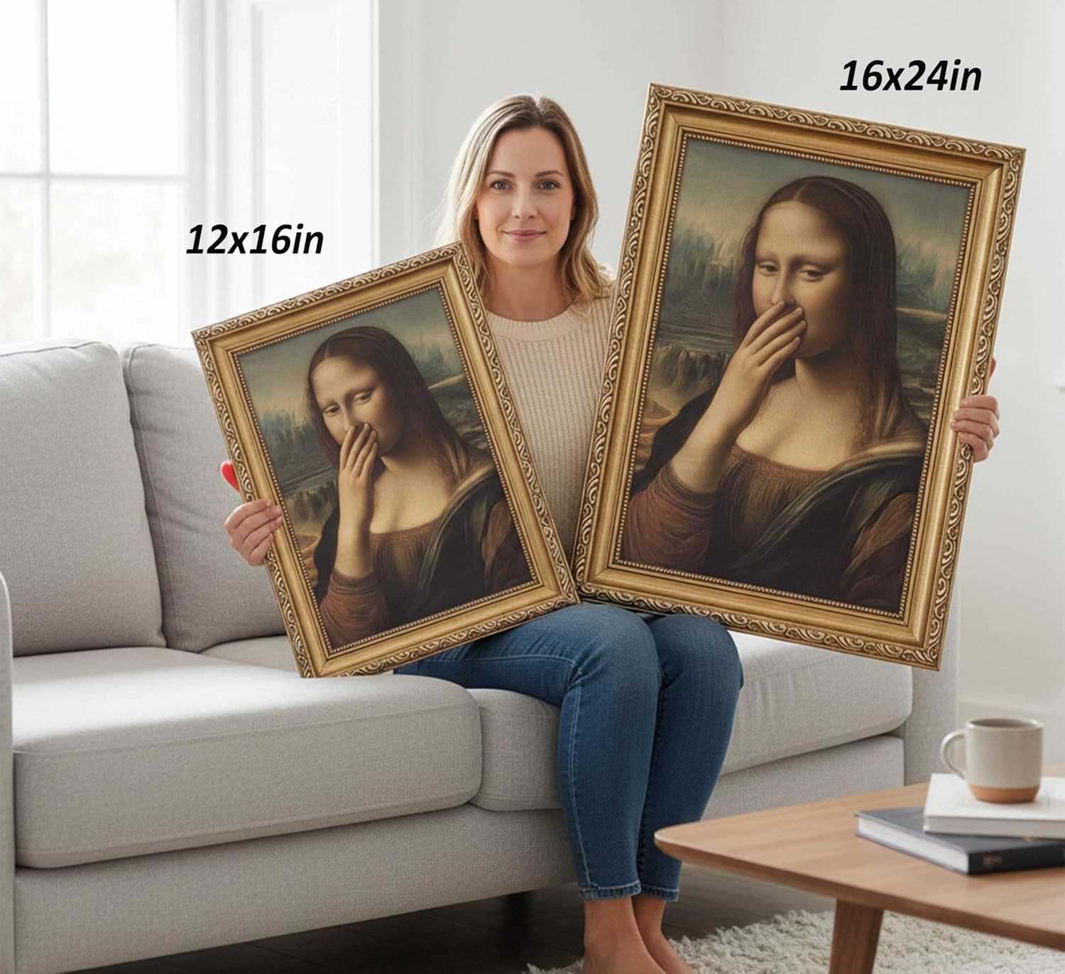 Gold Framed Funny Stinky Face Bathroom Canvas Wall Art Vintage Humor Fun Mona Lisa Bad Smell Aesthetics Painting Picture Wall Decor Da Vinci Poster Print Artwork for Toilet Washroom Home Decoration