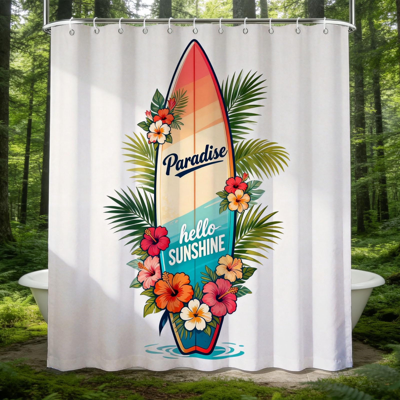 Hongduo 3D Tropical Surfboard Shower Curtain for Stalls Bathtubs Summer Theme Bathroom Decor Shower Curtain Set Polyester Fabric Waterproof 180x180cm/71X71 Inch with Hooks