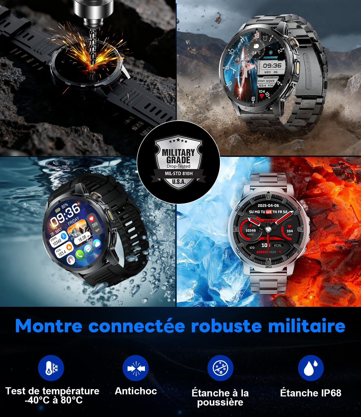 FEELNEVER Montre Connectée Homme avec 1000mAh/1,85'' HD Grand Écran/LED Lampe,Smartwatch Homme avec Moniteur de Fréquence Cardiaque et Sommeil/110+ Modes Sportifs,IP68 Étanche Android iOS, Noir