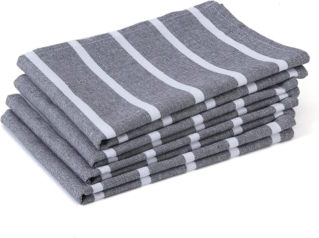 Encasa Tea Towels - Kitchen Dish towels Made With Eco-friendly Cotton & Highly Absorbent For Cleaning, Quick Drying Of Plates & Glasses X-large, 18 x 28 inch|Roma Grey Stripes (Set of 4 pieces)
