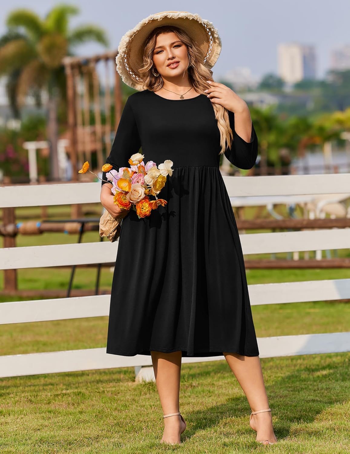 IN'VOLAND Women Plus Size 3/4 Sleeve Dresses Summer Casual Loose Flowy A-line Midi Dress with Pockets Vacation Boho Sundress - Image 3