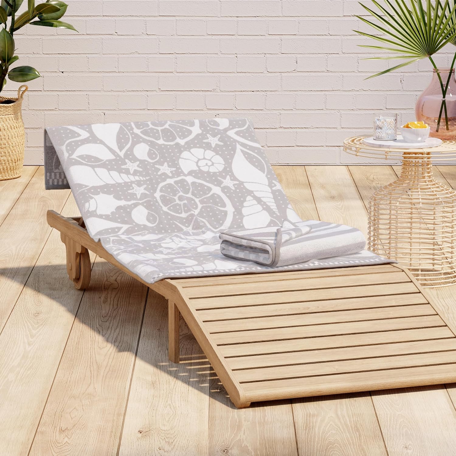 Great Bay Home 100% Cotton Beach Towels | 2 Pack of 30 x 60" Navy Pool Towels for Adults and Kids | Absorbent & Quick Dry Towels (Grey/White Seashells/Stripe)