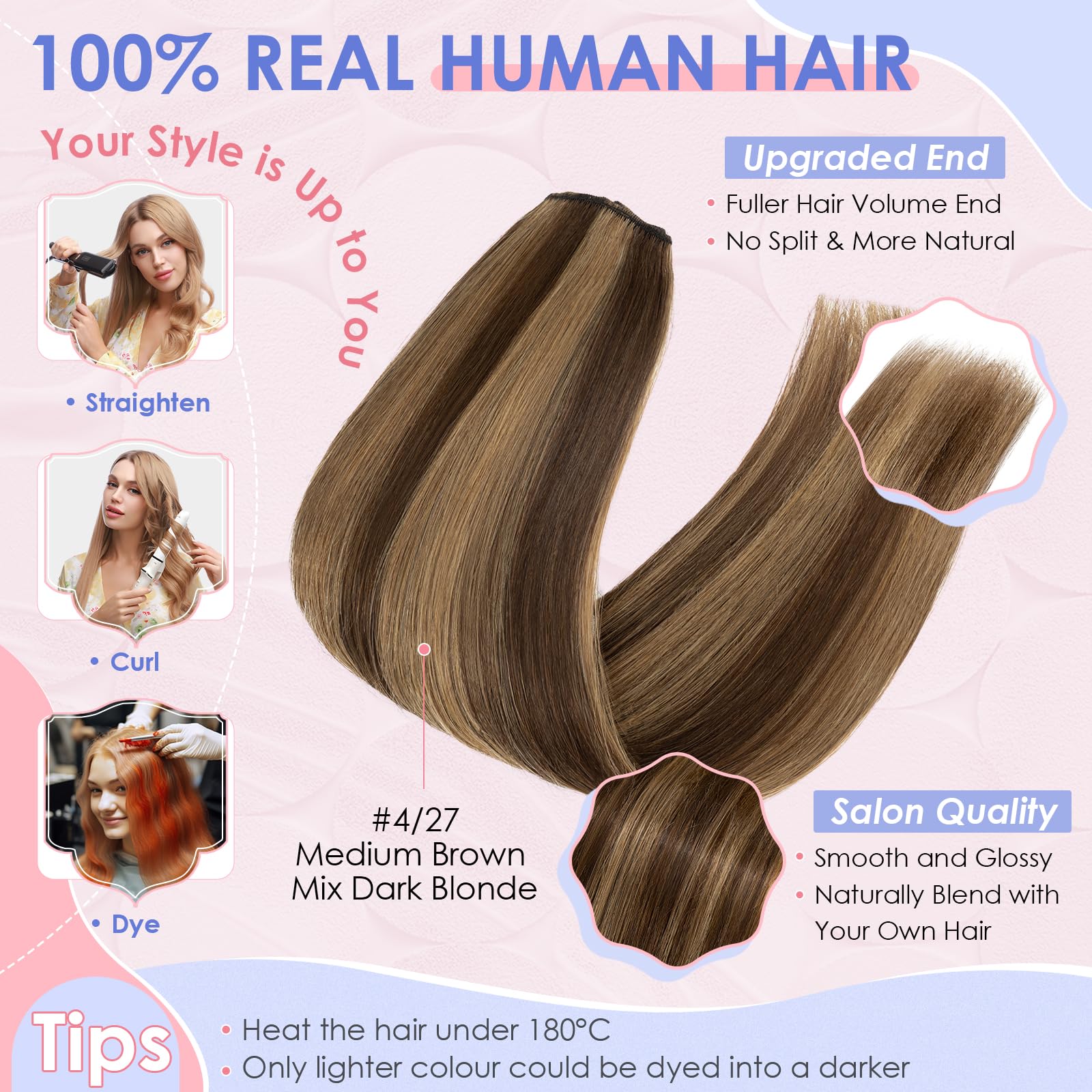 Elailite Clip in Hair Extensions Real Human Hair 8 Pieces (Thin Weft) Straight - #4/27 Medium Brown Mix Dark Blonde - 24 Inch (80 g) - Image 4