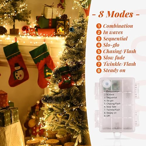 Miniatura 6 de Lycklig Luces de Navidad que funcionan con pilas, guirnalda de luces de 20 pies, 200 luces LED con control remoto, 8 modos, guirnalda de luces de