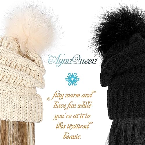 Miniatura 6 de AynnQueen Gorro con cabello unido para mujer, peluca de punto con gorro de punto de invierno a rayas con extensiones de cabello extraíbles de 20