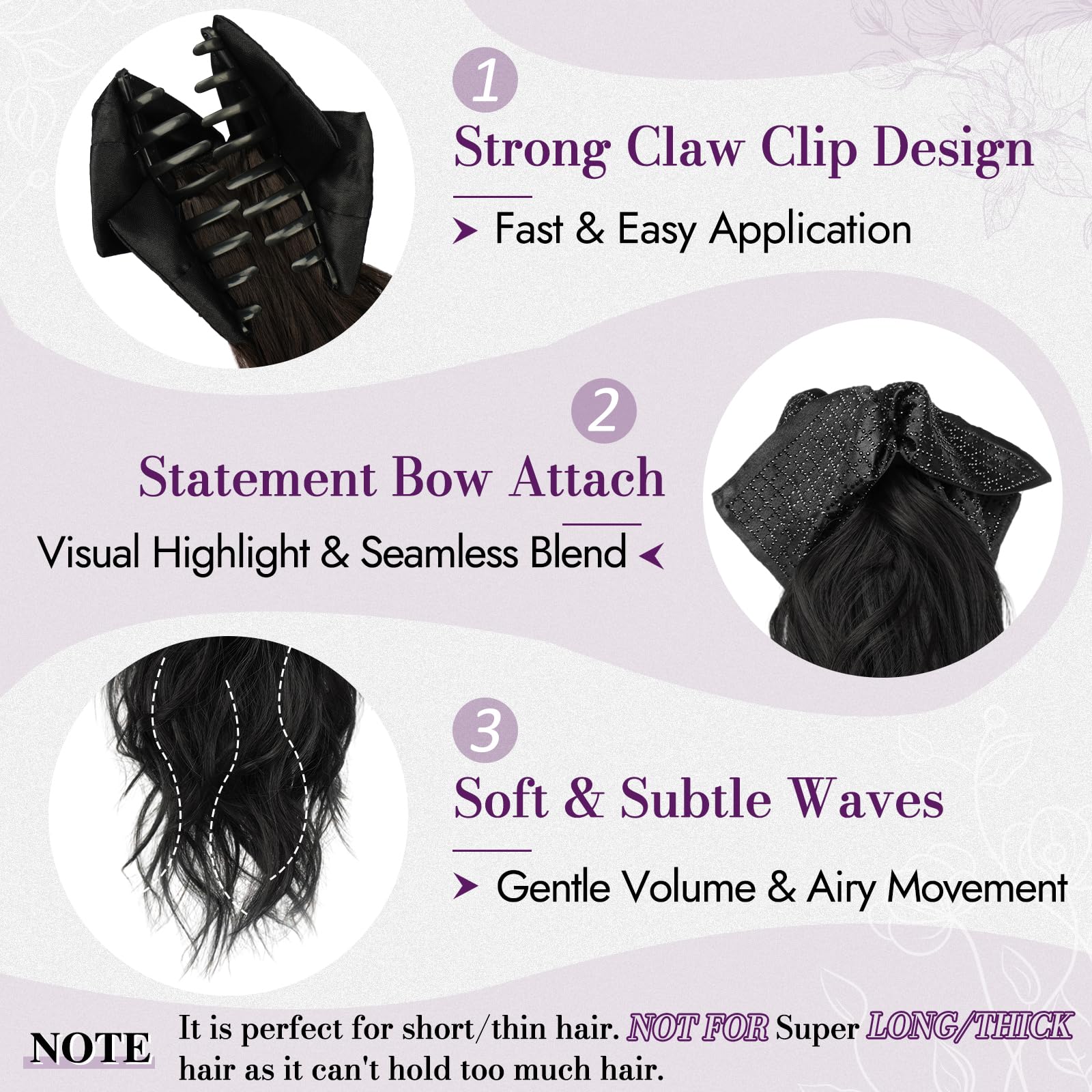 BARSDAR Artigli Pinza Coda Capelli Extension, 45cm Bow Artigli Pinza Ondulati Nero Coda di Cavallo Extension per Donne Aspetto Naturale Leggere Fluffy Sintetici Ondulati Nero Ponytail Posticci