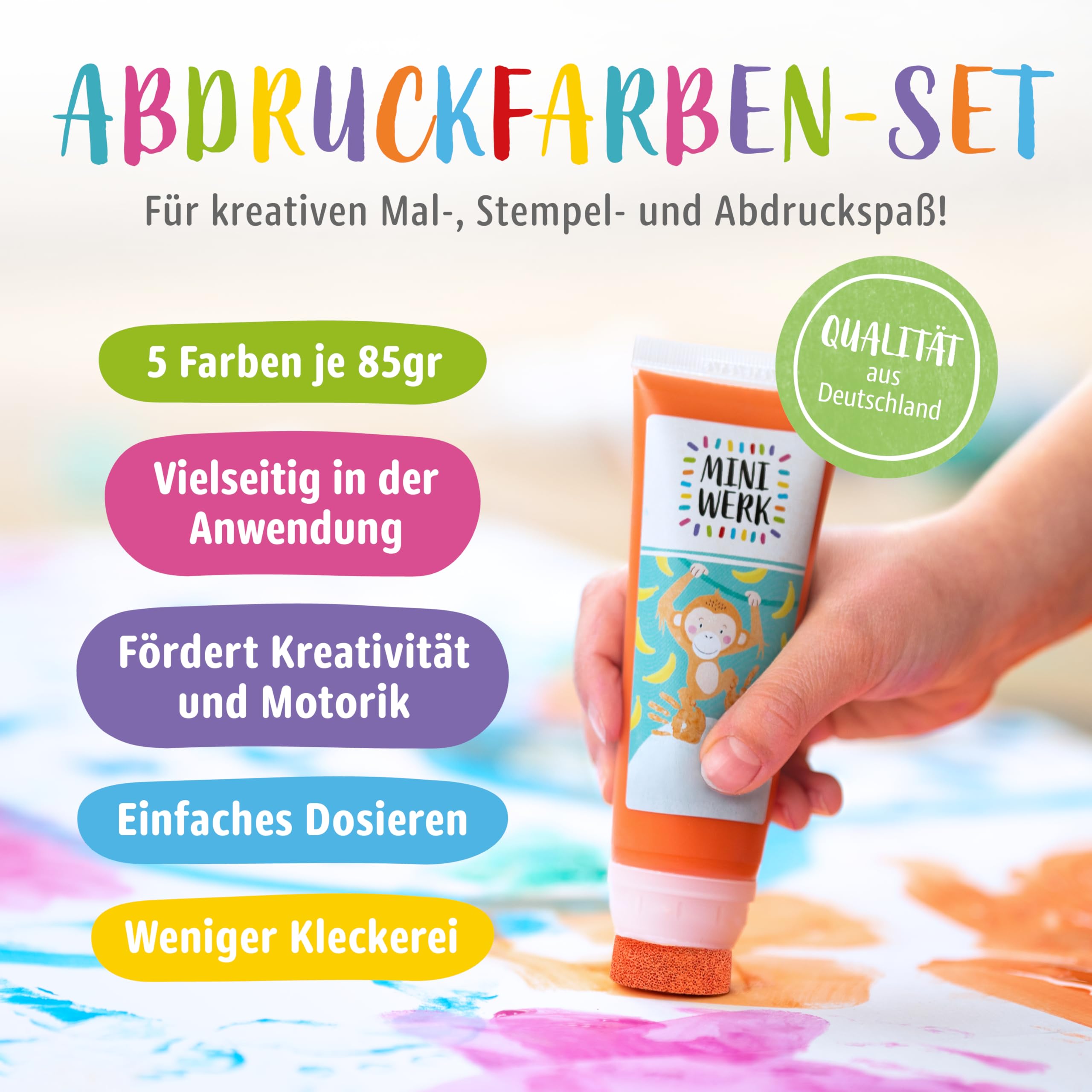 Miniwerk Abdruckfarbe 5er Set mit Schwammaufsatz - 5 Malfarben auf Basis natürlicher Rohstoffe, schadstofffrei wie Fingerfarbe - Baby Handabdruck Set, Fußabdruck Baby (Blau, Grün, Weiß, Rosa, Gelb)