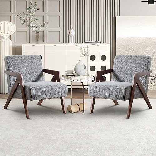 Miniatura 34 de INZOY Silla moderna de mediados de siglo con marco de madera, sillón tapizado con cojín de cintura, silla decorativa para sala de estar, dormitorio,