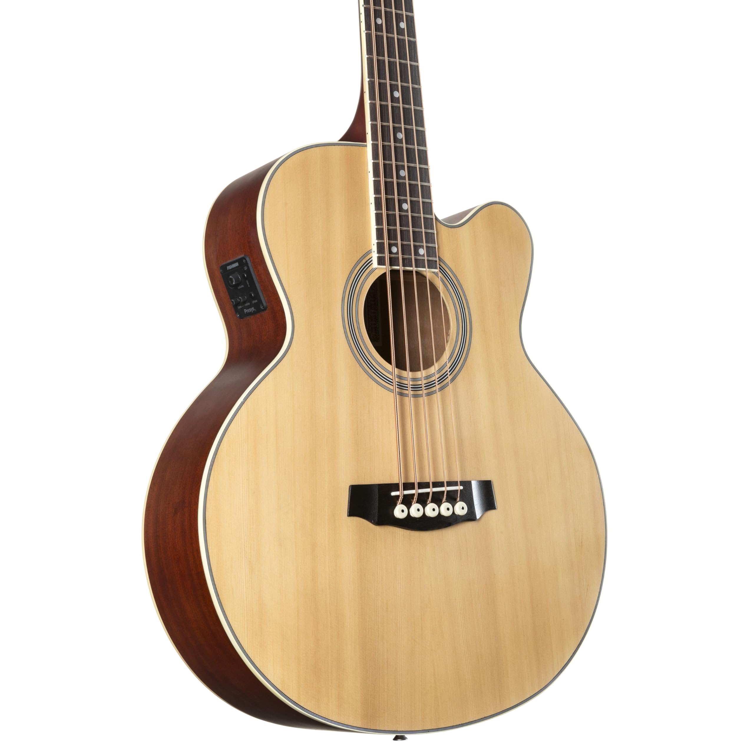 5-Saiter Akustikbass Jumbo Natural, Fichtendecke, Mahagoni-Korpus, Ahornhals, Tonabnehmer, 34" Longscale, Cutaway, Matt-Finish, Integriertes Stimmgerät