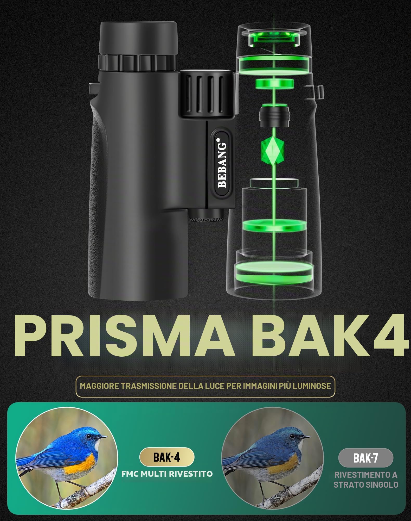BEBANG Binocolo Professionale Potente 10x42: Prismi BAK4, Ottiche FMC | Riempito di azoto contro condensa e polvere, corpo gommato antiscivolo e antiurto, ampio campo visivo per birdwatching