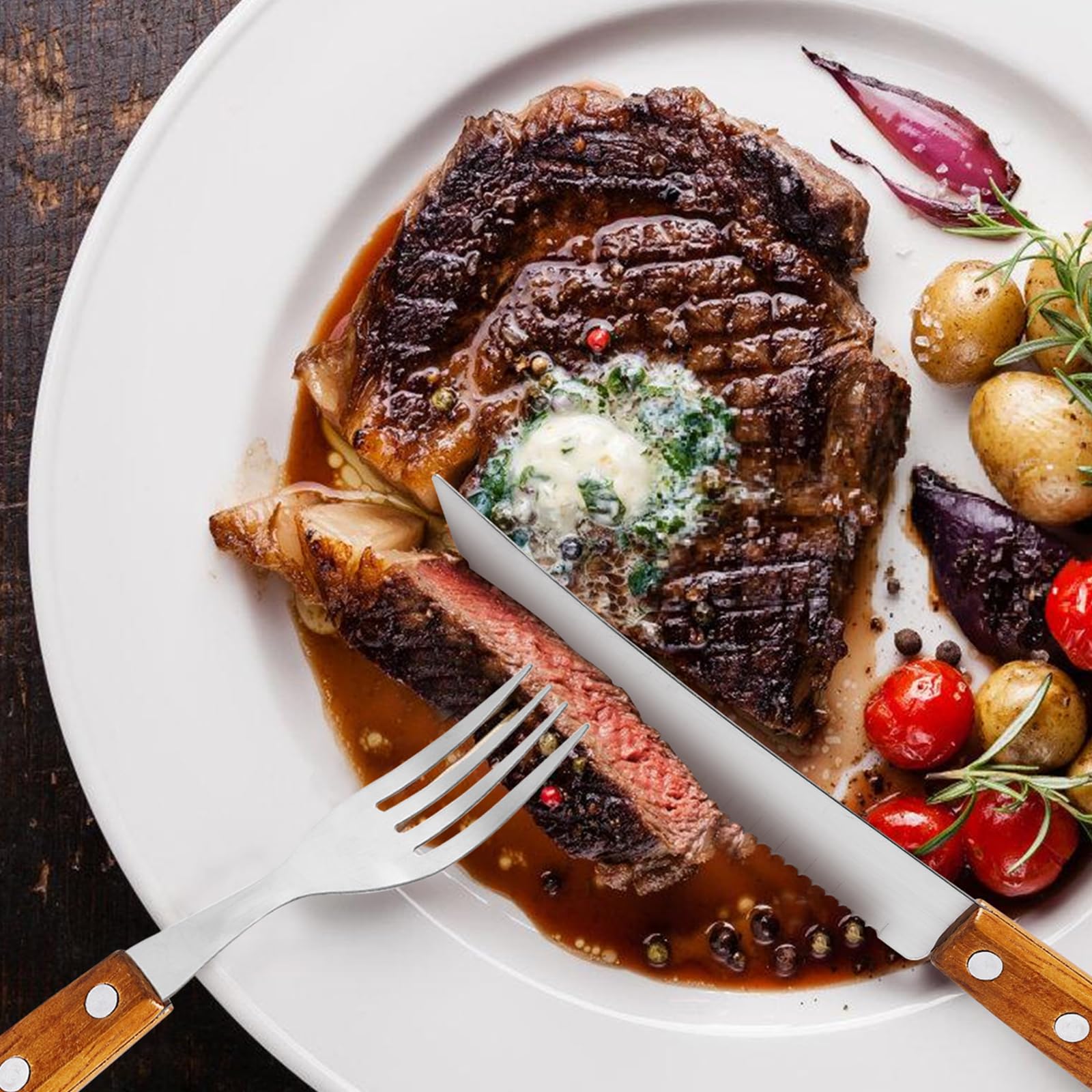Set di posate da bistecca in acciaio inox, 30 pezzi di posate da bistecca in acciaio inox, legno, forchetta e coltelli, 15 forchette da tavola e 15 coltelli da tavola per 15 persone, affilato a