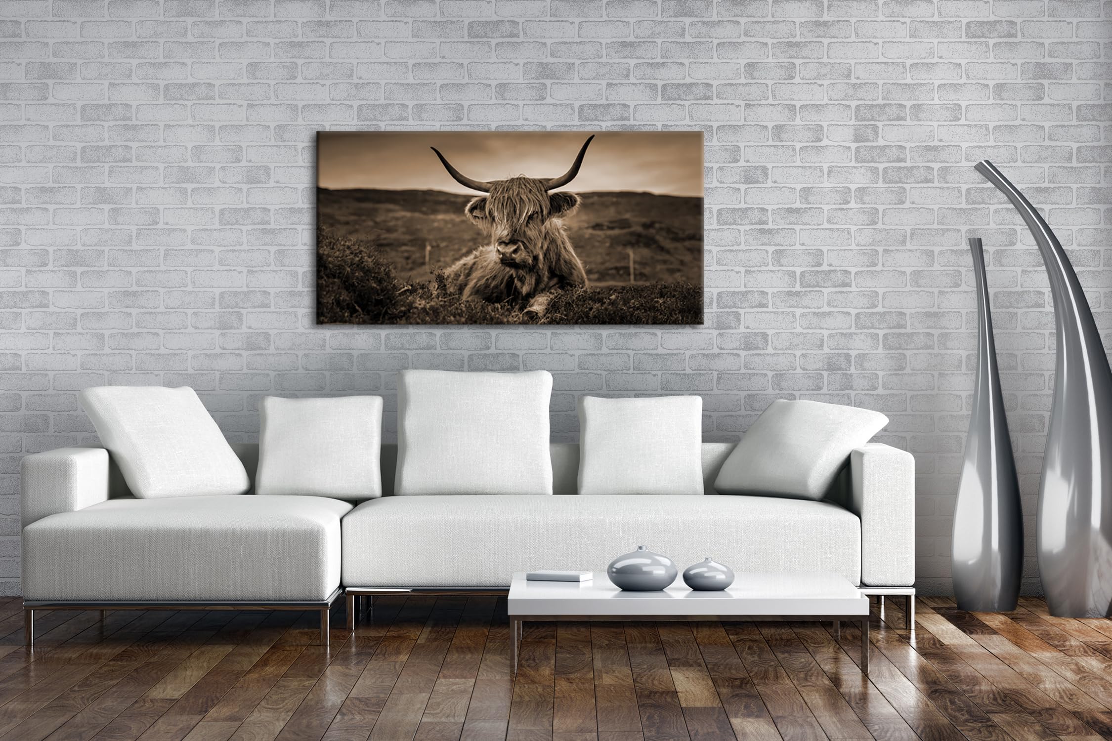 pelziges Rind auf schottischer Landschaft Panorama 80x40 cm Effekt: Sepia als Leinwandbild, Motiv fertig gerahmt auf Echtholzrahmen, Hochwertiger Digitaldruck mit Rahmen