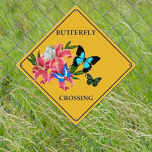 Miniatura 3 de Letrero de metal con diseño de mariposa retro francesa con diseño de cruz Xing, con texto en inglés "Beware of Butterfly Metal Sign" de advertencia