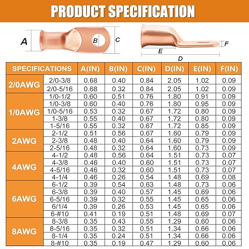 Miniatura 6 de mankk - 230 piezas de terminales de anillo de cobre para cables de AWG 1 2 4 6 8 10 20 calibre, conectores de terminal de batería, conectores de