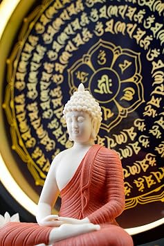 Houlu Red Buddha Statue and Circle LED Table Lamp, Ceramic Buddha Statue for Home Décor