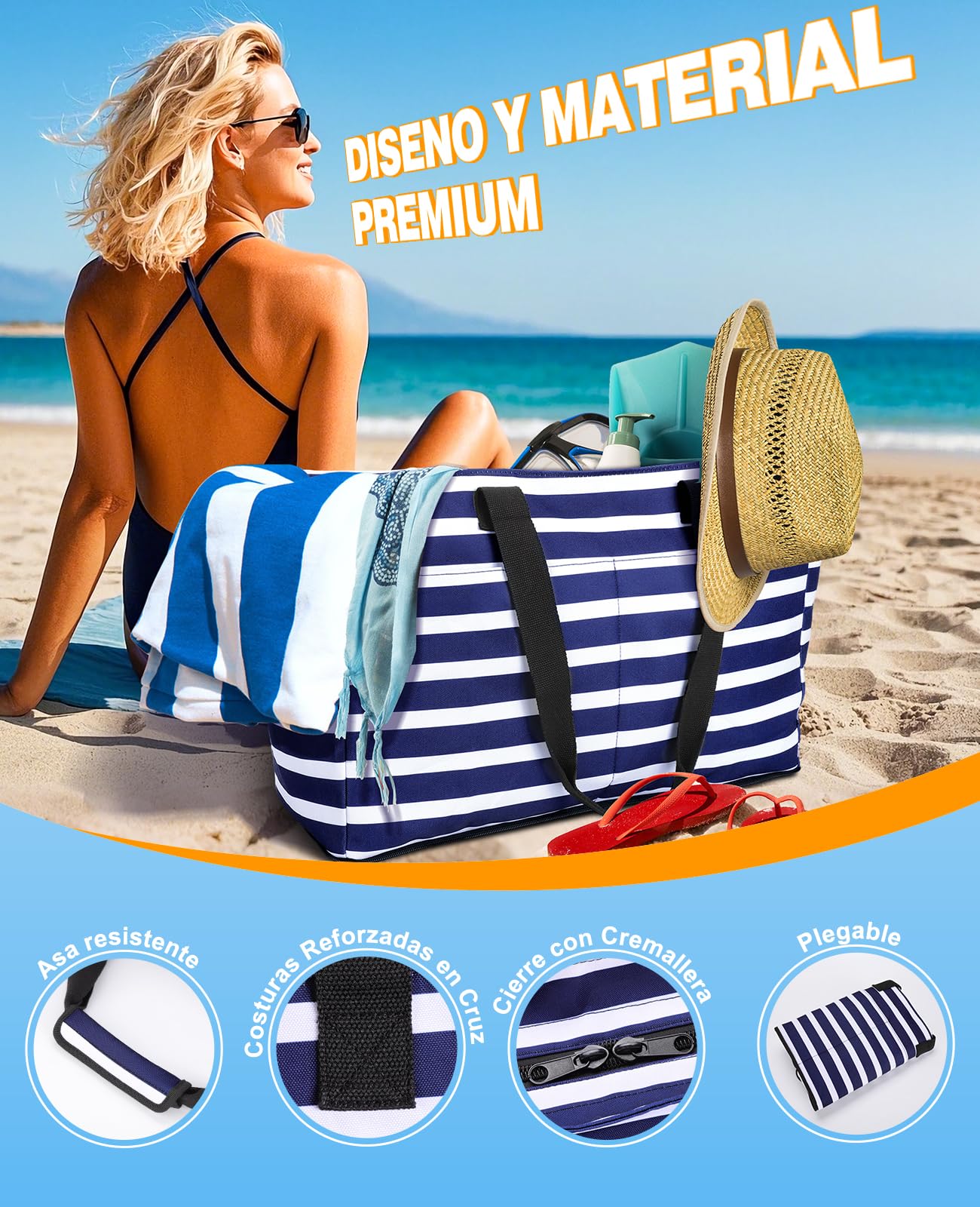 ISEYOU Bolsa Playa con Bolsa Termica Extraíble, Bolso Playa Mujer Impermeable con Cremallera 49L, Bolsas Grandes XXL Familiar con 8 bolsillos Plegable para Viajes, Picnic, Vacaciones