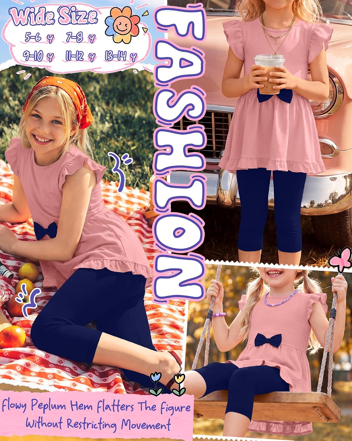 Girl's 2 Piece Outfits Kids Ruffle Sleeve Peplum Tops Capri Leggings Pants Summer Bowknot Casual Sets 5-14 Years