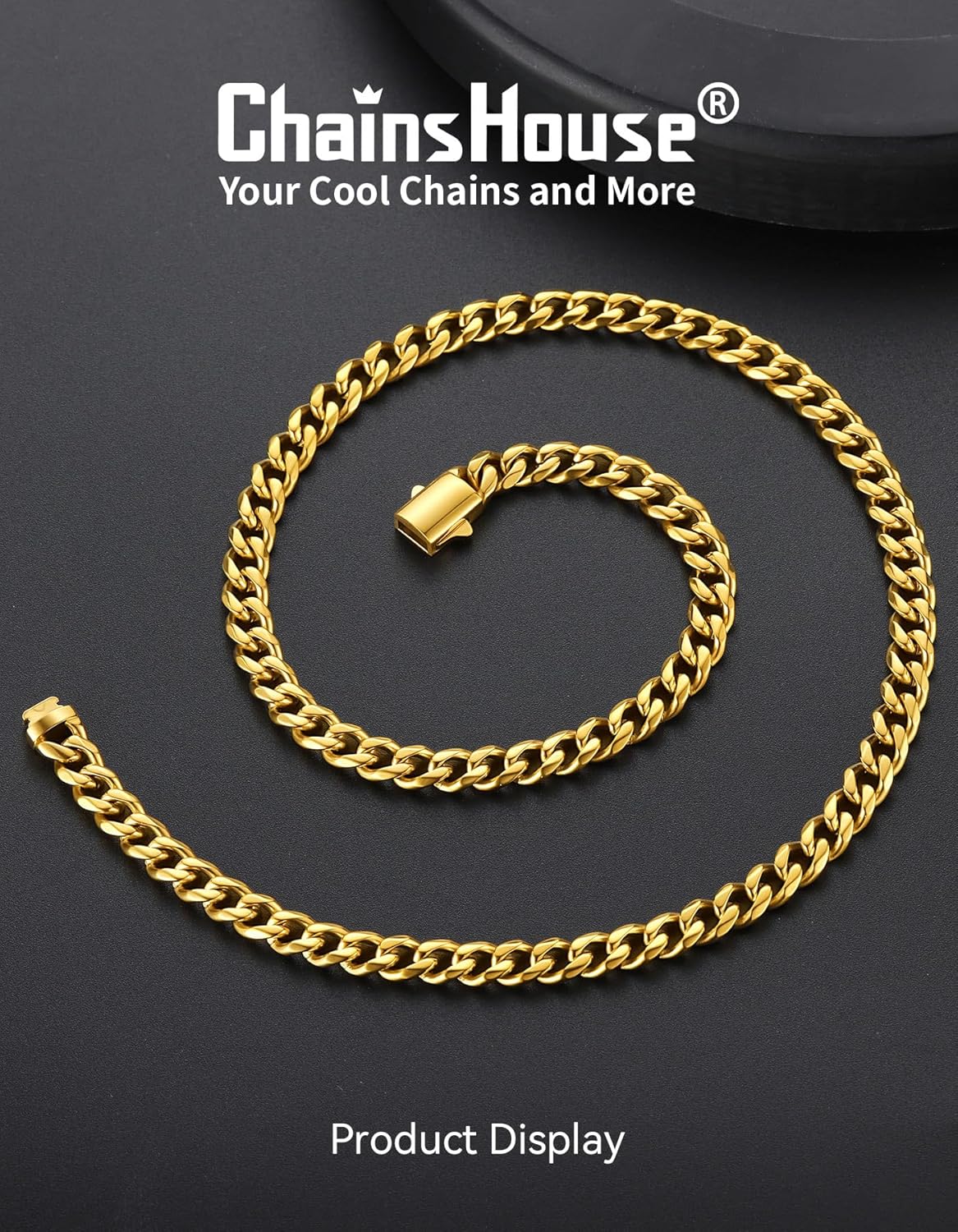 ChainsHouse Cuban Link Chain for Men, Stainless Steel Cuban Link Chain, Black/ 14K Gold Plated Cuban Chain Necklace, 6mm/9mm/12mm Width, Hip Hop Mens Jewelry, 18"-30", Send Gift Box - Image 3