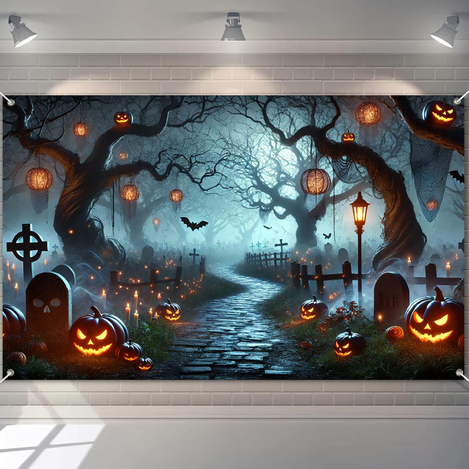 BlissYard Halloween Banner 71x43 Inch Spooky Pathway Backdrop Banner with Pumpkin Lanterns and Cemetery Trees Halloween Decorations Outdoor Trick or