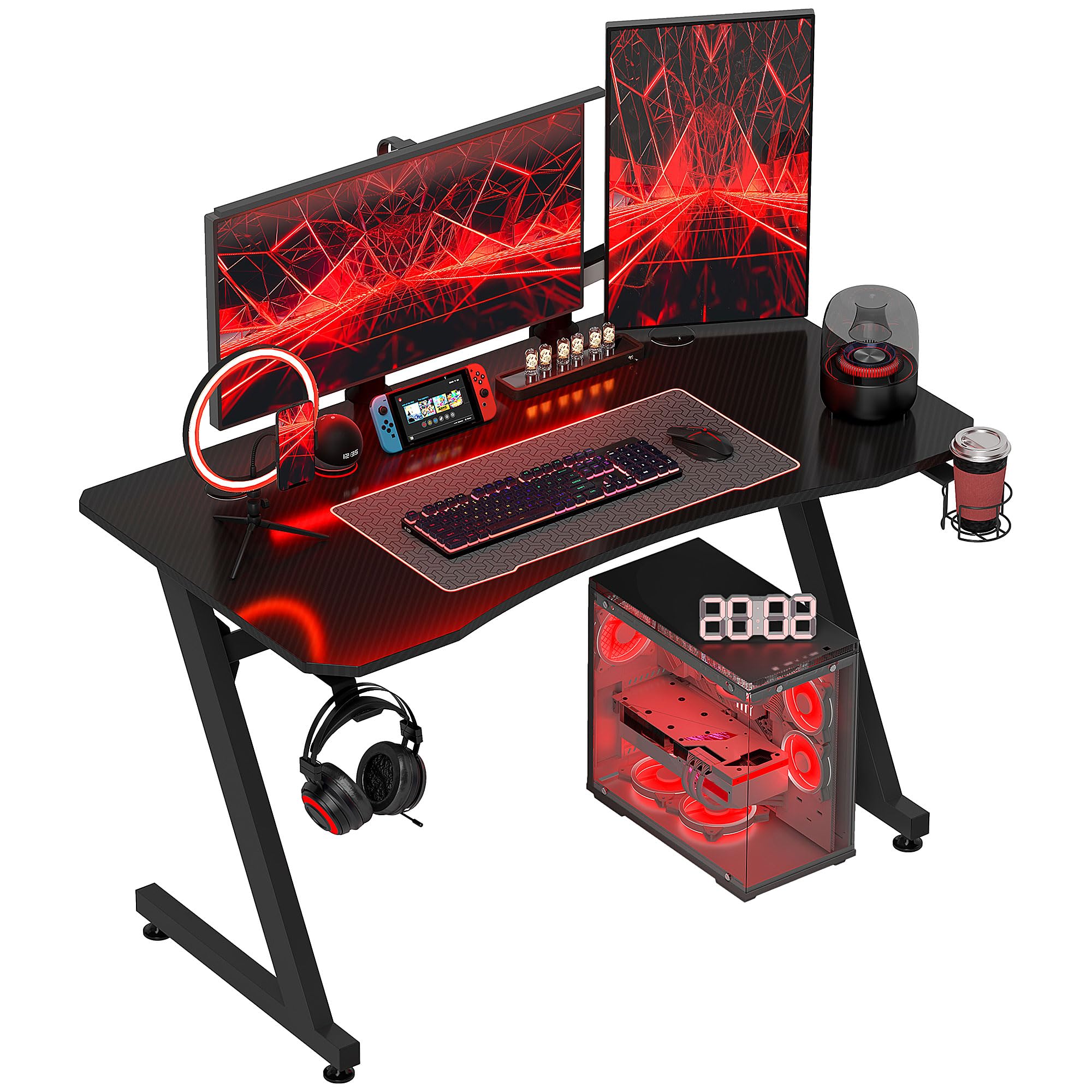 HOMCOM Mesa Gaming 120x65x74,5 cm Escritorio Ergonómico para PC Negro | Gaming Desk, Portavasos, Gancho para Auriculares, Pies Ajustables, Efecto de Fibra de Carbono