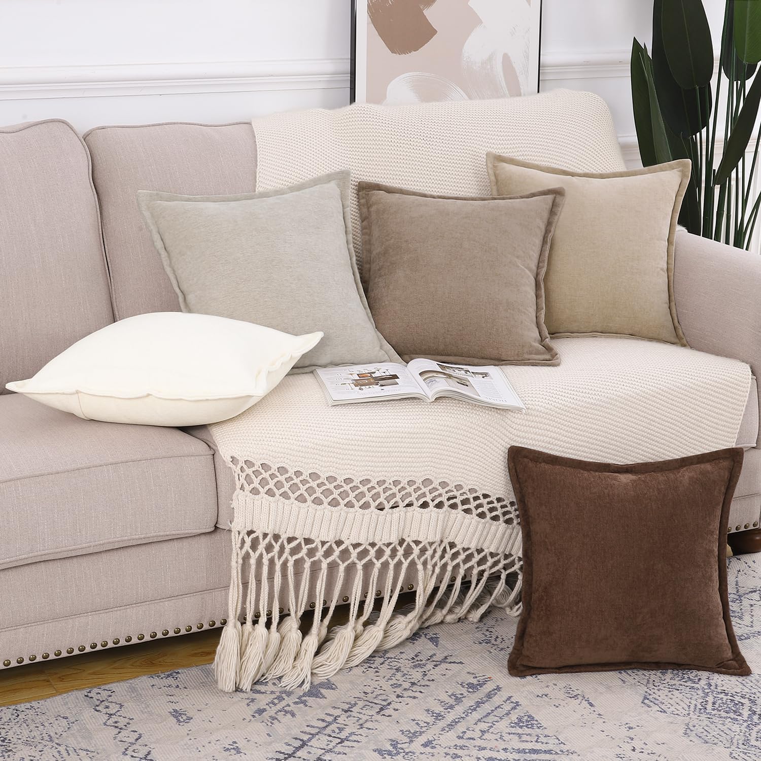 MADIZZ Chenille Flange Edge Throw Pillow Covers Set of 2 Super Soft Boho Pillow Covers Decorative Plain Throw Pillowcases Modern Farmhouse Home Decor for Sofa Bedroom Taupe 24x24 Inch - Image 6