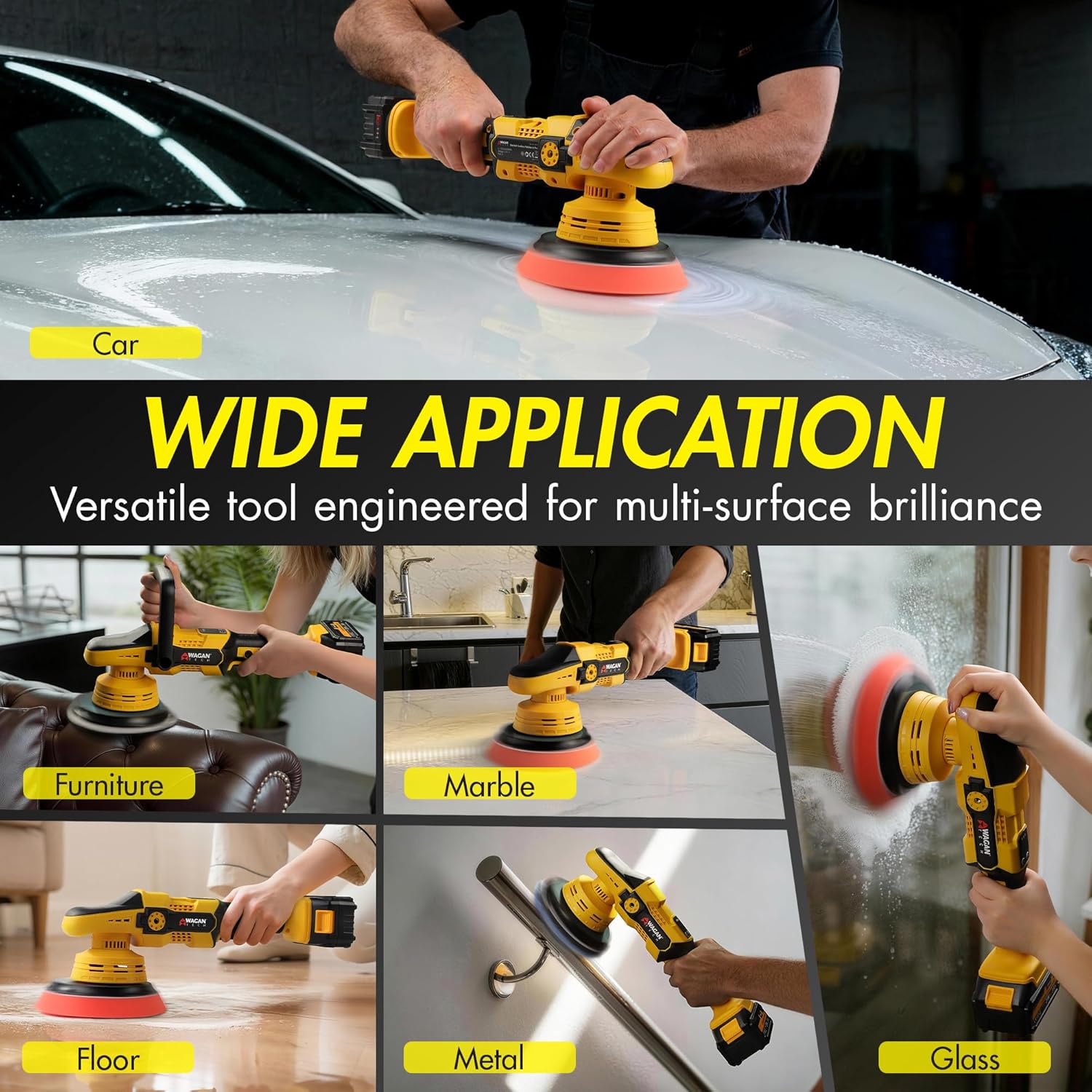 Wagan EL6402 OneVolt Cordless Polisher 6 Pro 6-Inch Brushless Car Waxer Buffer with 6 Variable Speed Including 2 UL Certified 3.0Ah Batteries Multi-Purpose Accessory Kit for Detailing & Waxing