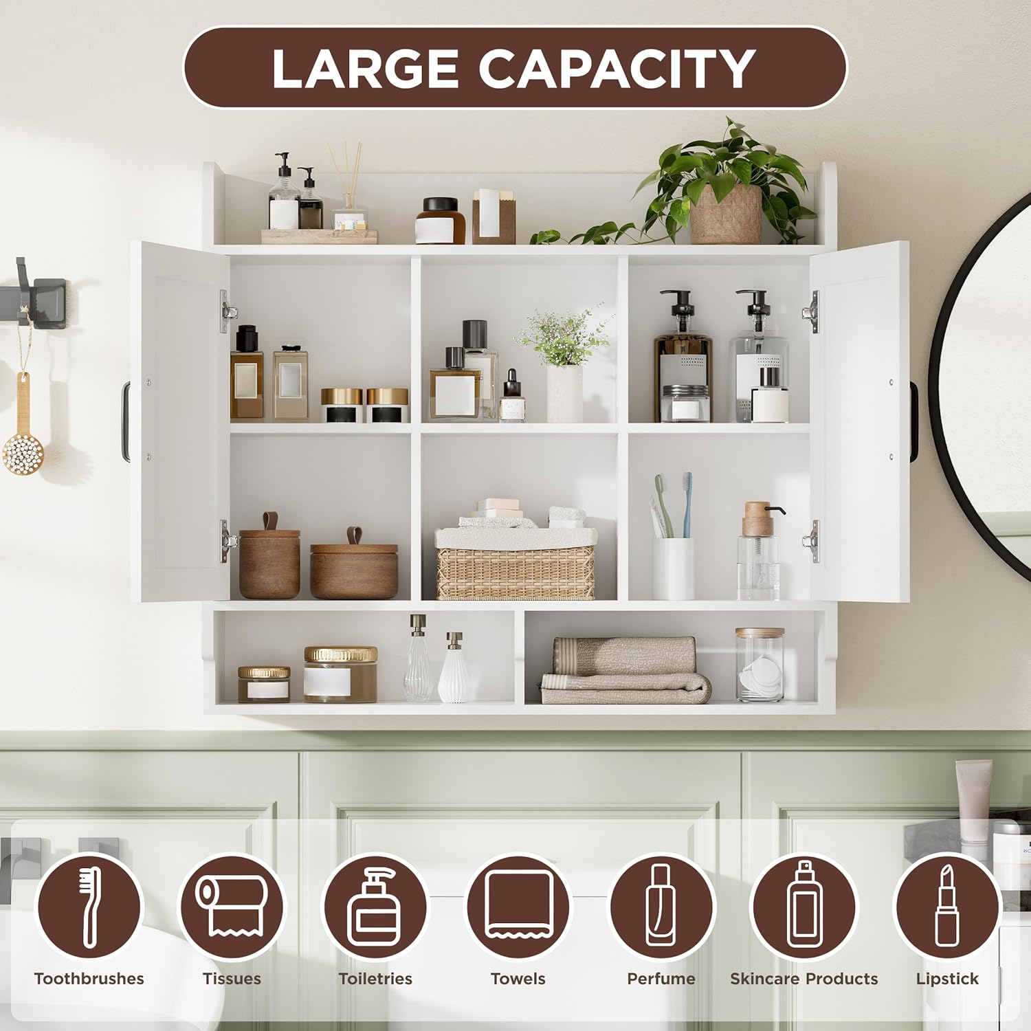 White Bathroom Wall Cabinet, Wall Mount Storage Cabinet, Floating Medicine Cabinet with 5 Open Shelves and 2 Deep Cabinets Over The Toilet for Laundry Room, Kitchen