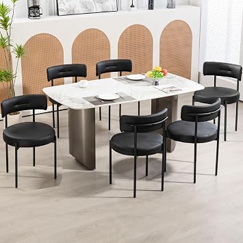 AVAWING Black Faux Leather Dining Chairs Set of 6, Modern Upholstered Kitchen Chairs with Metal Legs and Curved Backrest, Round Dining Room Chairs for Dining Room and Kitchen
