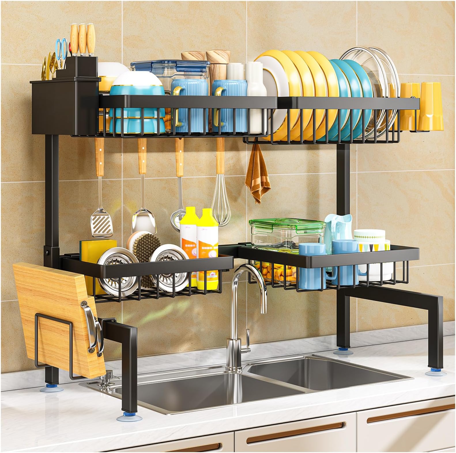 Dish Drainer Rack - Over the Sink Dish Drying Rack with 4 Basket, 2-Tier Expandable (24.8 "-35.4") Kitchen Dish Rack with Metal Hook, Black