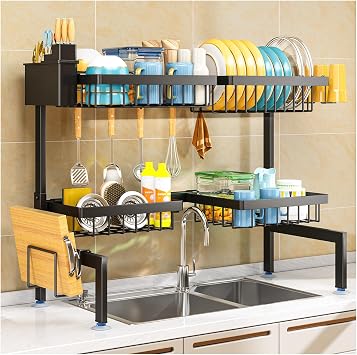 PurKeep Dish Drainer Rack - Over the Sink Dish Drying Rack with 4 Basket, 2-Tier Expandable 24.8 "-35.4" Kitchen Dish Rack with Metal Hook, Black