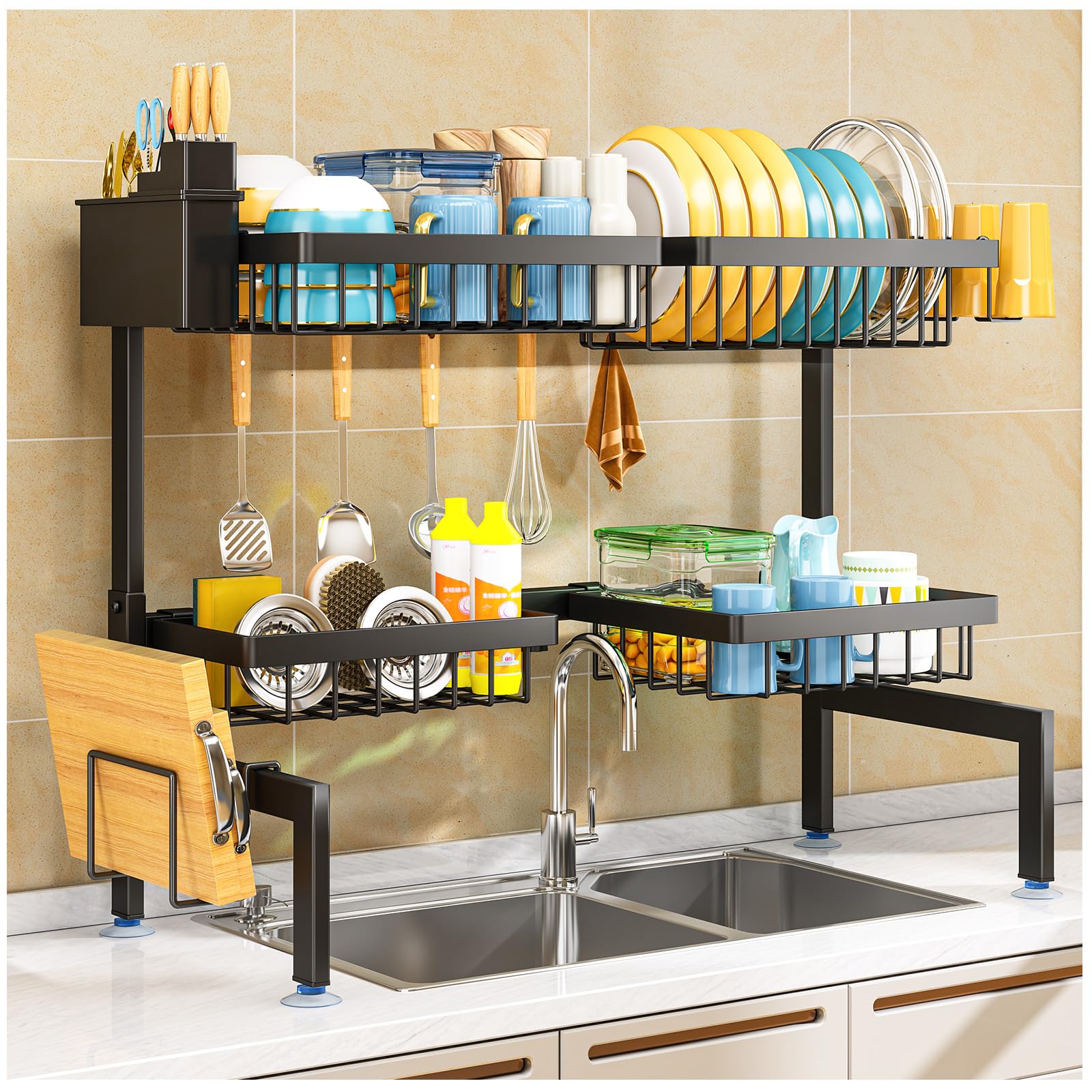 Purkeep Black Dish Drainer Rack - Over The Sink Dish Drying Rack With 4 Basket, 2-Tier Expandable (24.8 "-35.4") Kitchen Dish Rack With Metal Hook,