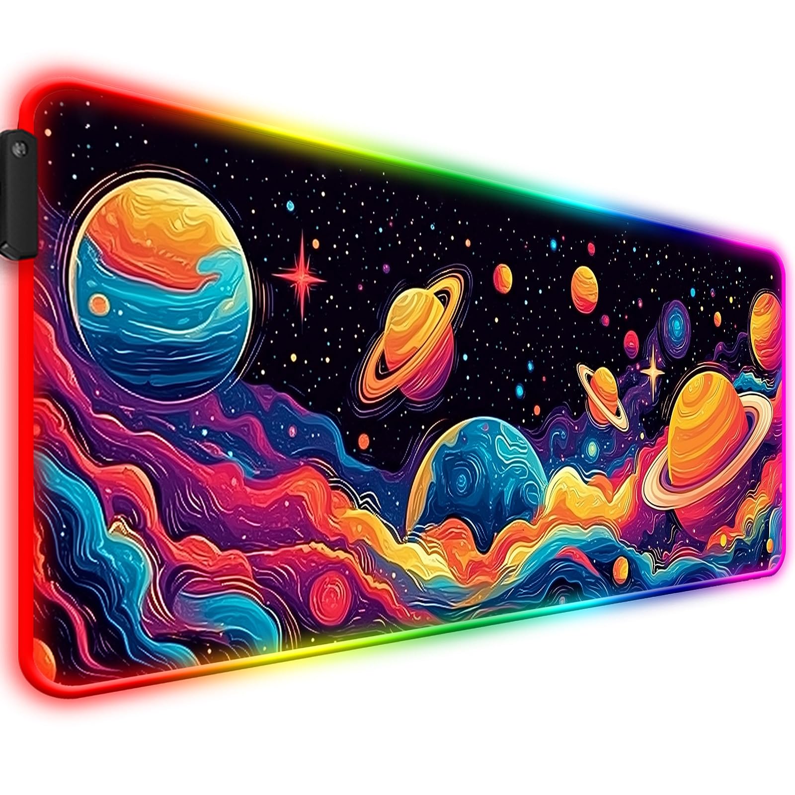 RGB Fantasy Space Planet Gaming Desk Mat, Computer Keyboard Large Extended Long Boy LED Mouse Pad for Office and Home, XL (W09)