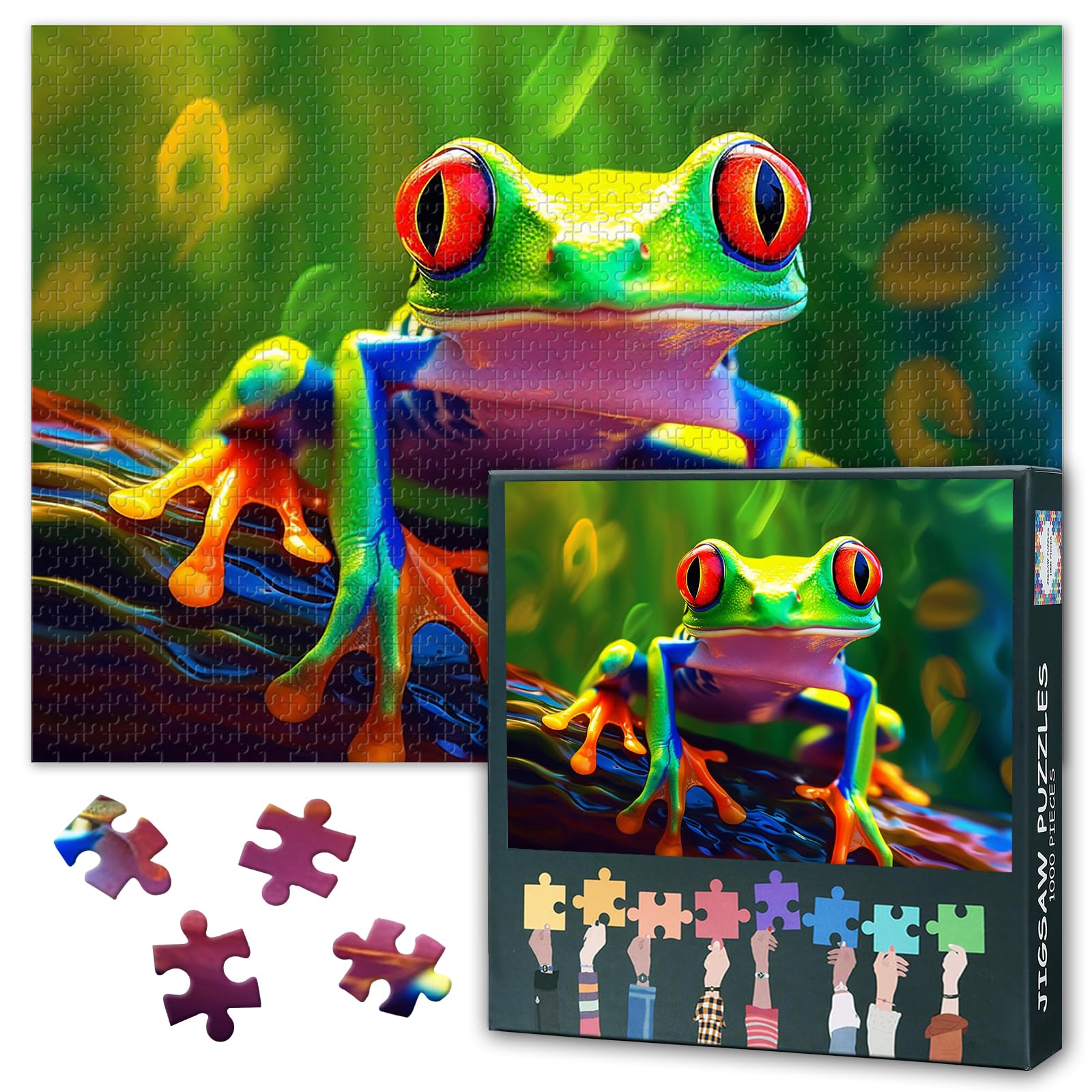 1000 Piece Jigsaw Puzzle for Adults Bioluminous Red Eyed Tree Frog Art with Nocturnal Rainforest Habitat & Amphibian Conservation Focus Therapy for Cortical Recharge 27.5x19.7 Inch