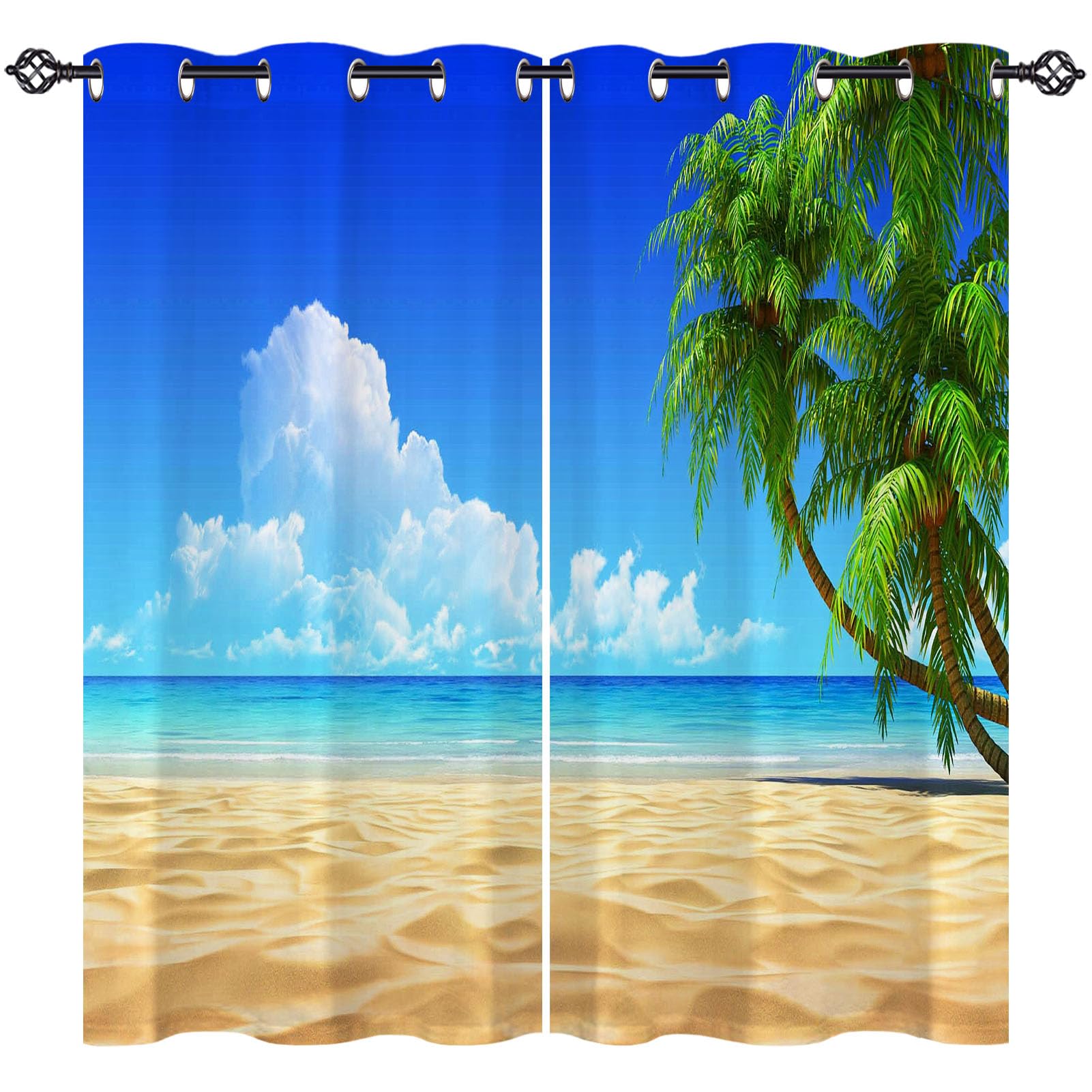 ANHOPE Golden Beach Curtains Eyelet Ring Top Soft Thermal Insulated Blackout Curtains Tropical Ocean Palm Tree Print Pattern Decorative Window Drapes for Bedroom Living Room 66 x 54 Drop Inch 2 Panels