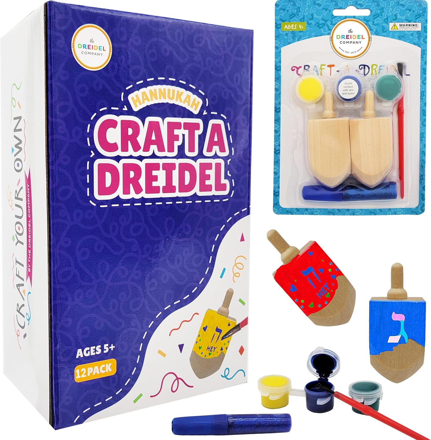 The Dreidel Company Craft-A-Dreidel, Create Your Own Custom Dreidel, Kit Includes 12 Wooden Dreidels, 18 Colors, 6 Brush, 6 Glitter, Fun and Educational (Pack of 12)