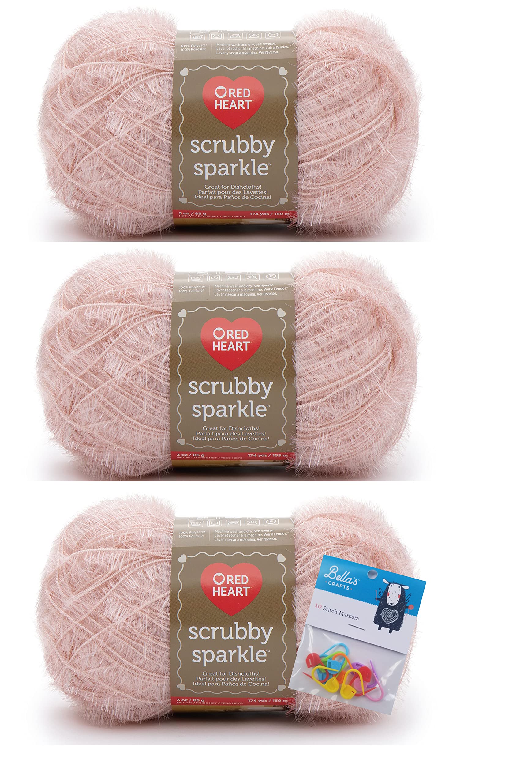 Red Heart Yarn Scrubby Sparkle Yarn - Pink Grapefruit - 3 Pack Bundle with Bella Crafts Stitch Markers