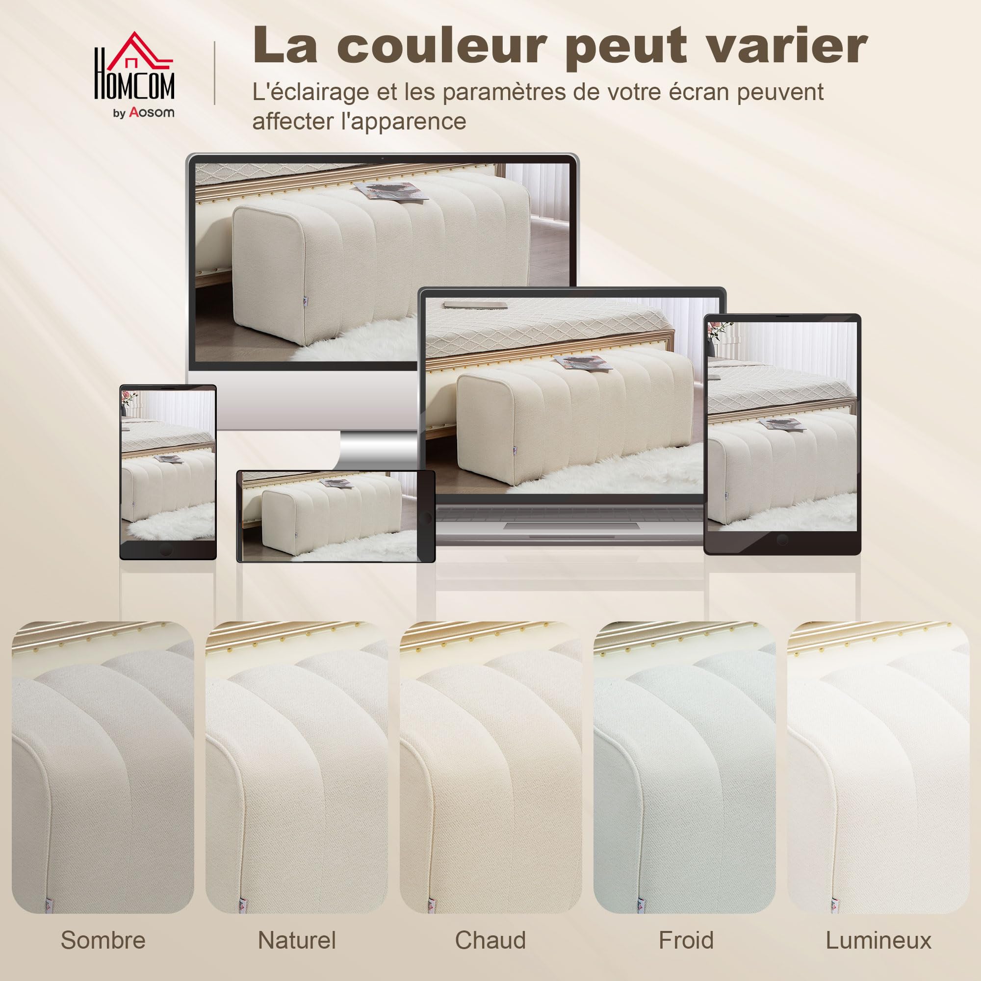 HOMCOM Banc Bout de lit, Banquette rembourrée, Style Moderne, 110 x 40 x 44 cm, Ottoman en Tissu Aspect Lin, Charge jusqu'à 220 kg, Repose-Pieds pour Chambre, Couloir, Salon, crème