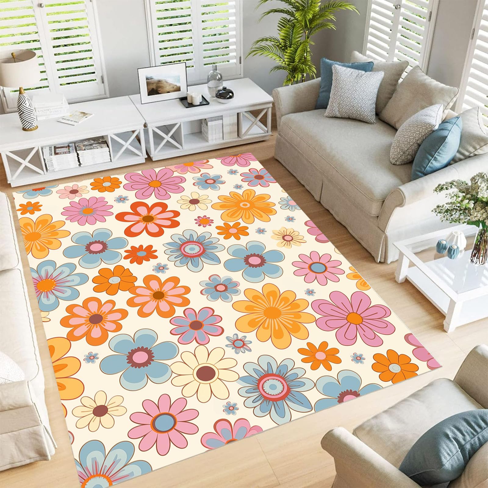 Tapis lavable marguerite hippie beige 120x180cm pour salon