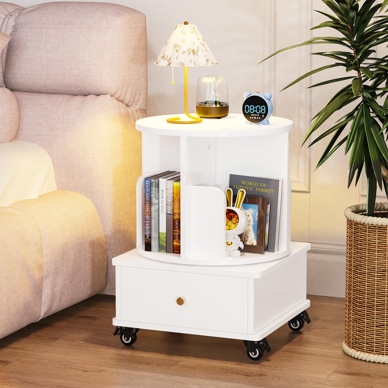CHOWGOLI Estantería giratoria de pie giratoria 360°, estantería para libros para salón, dormitorio, estantería pequeña, 1 capa, con cajón de tela y ruedas, 40 x 40 x 57 cm, color blanco