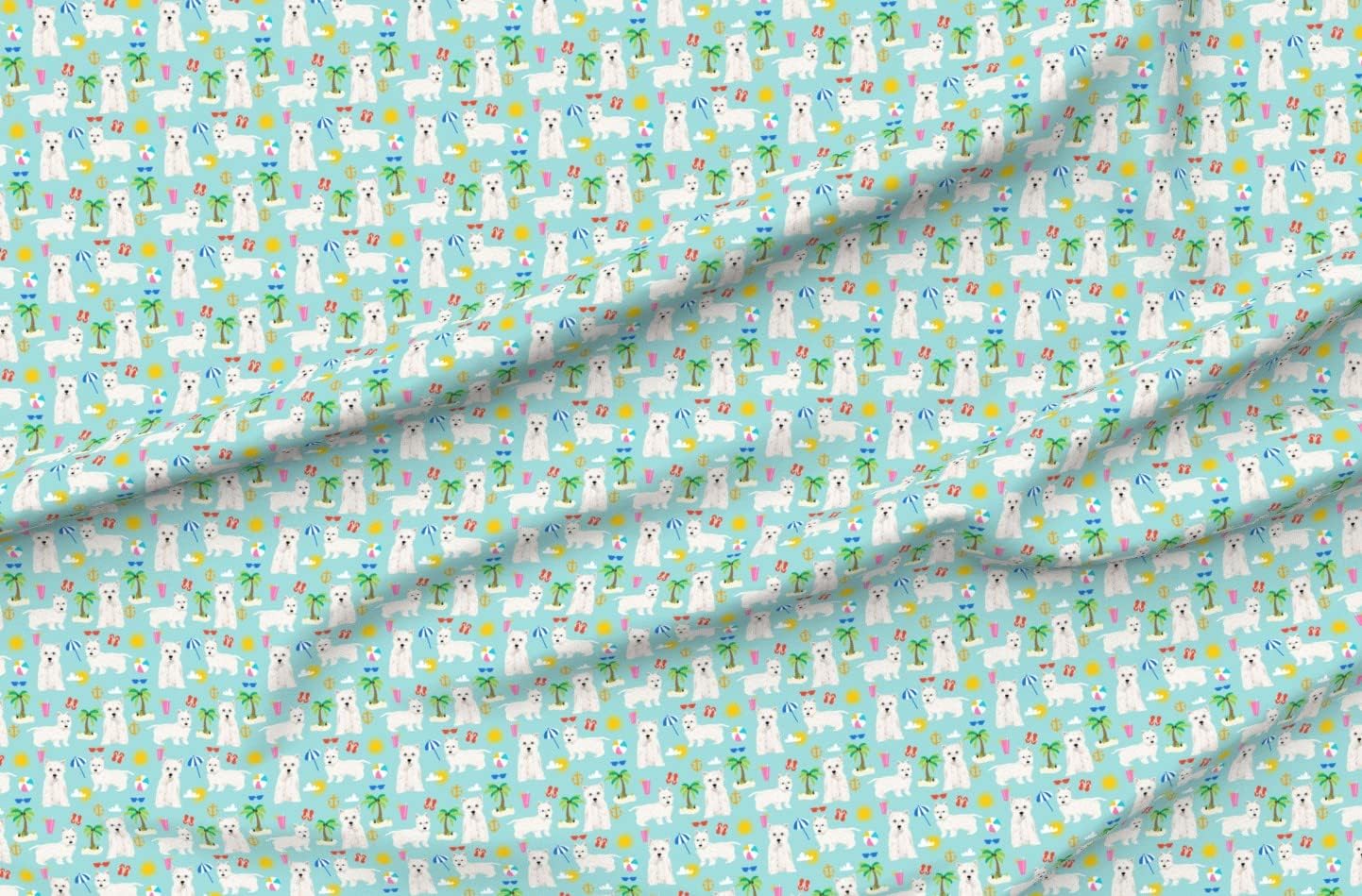 Spoonflower Fabric - Westie Dogs Beach Summer Tropical Light Blue Dog West Highland Terrier Printed on Organic Cotton Sateen Fabric by The Yard - Sewing Quilting Apparel Home Decor