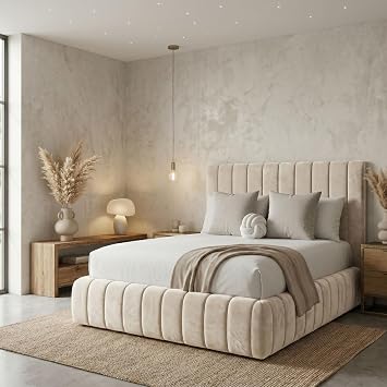 Acrivo Luxury Upholstered Panel Bed Frame with Headboard and Optional Ottoman Gaslift Storage - 4ft Small Double Bed Only - Cream Non-Storage Slattted Base