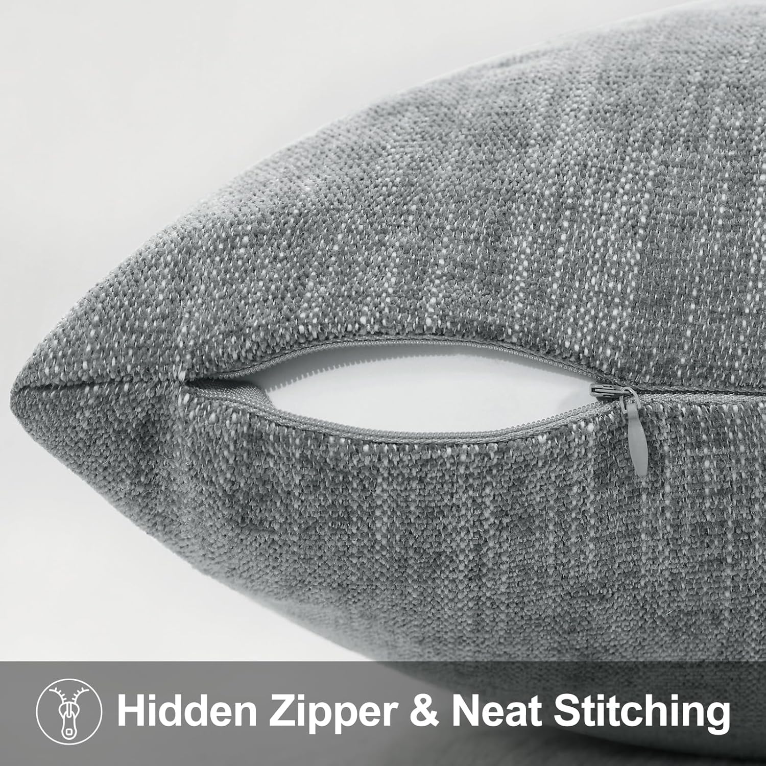 decorUhome Chenille Decorative Euro Sham Throw Pillow Covers 24x24 Set of 2, Farmhouse Textured Square Neutral Solid Accent Pillow Covers for Couch Sofa Bed Living Room Home Decor, Grey