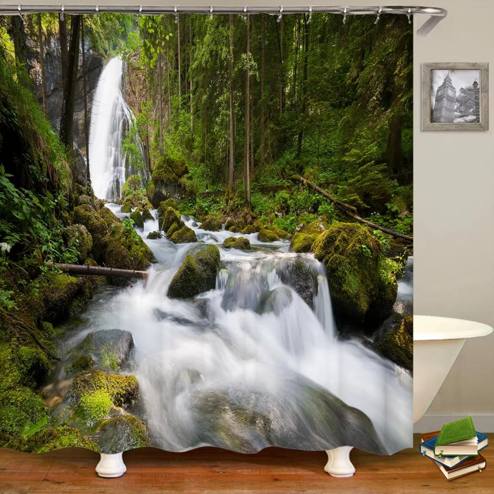 Rideau de douche imperméable motif forêt 3D anti-éclaboussure en tissu