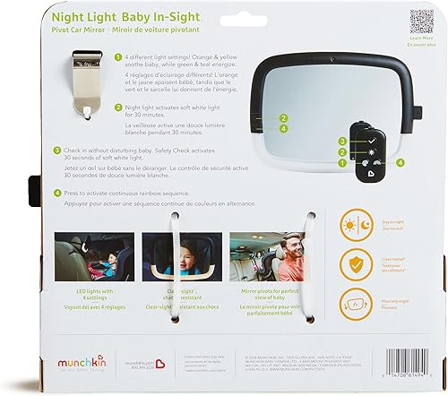 Miniatura 8 de Munchkin Brica Night Light Baby In-Sight espejo para bebé ajustable giratorio para auto de gran angular con LED sin reflejos luz nocturna a prueba