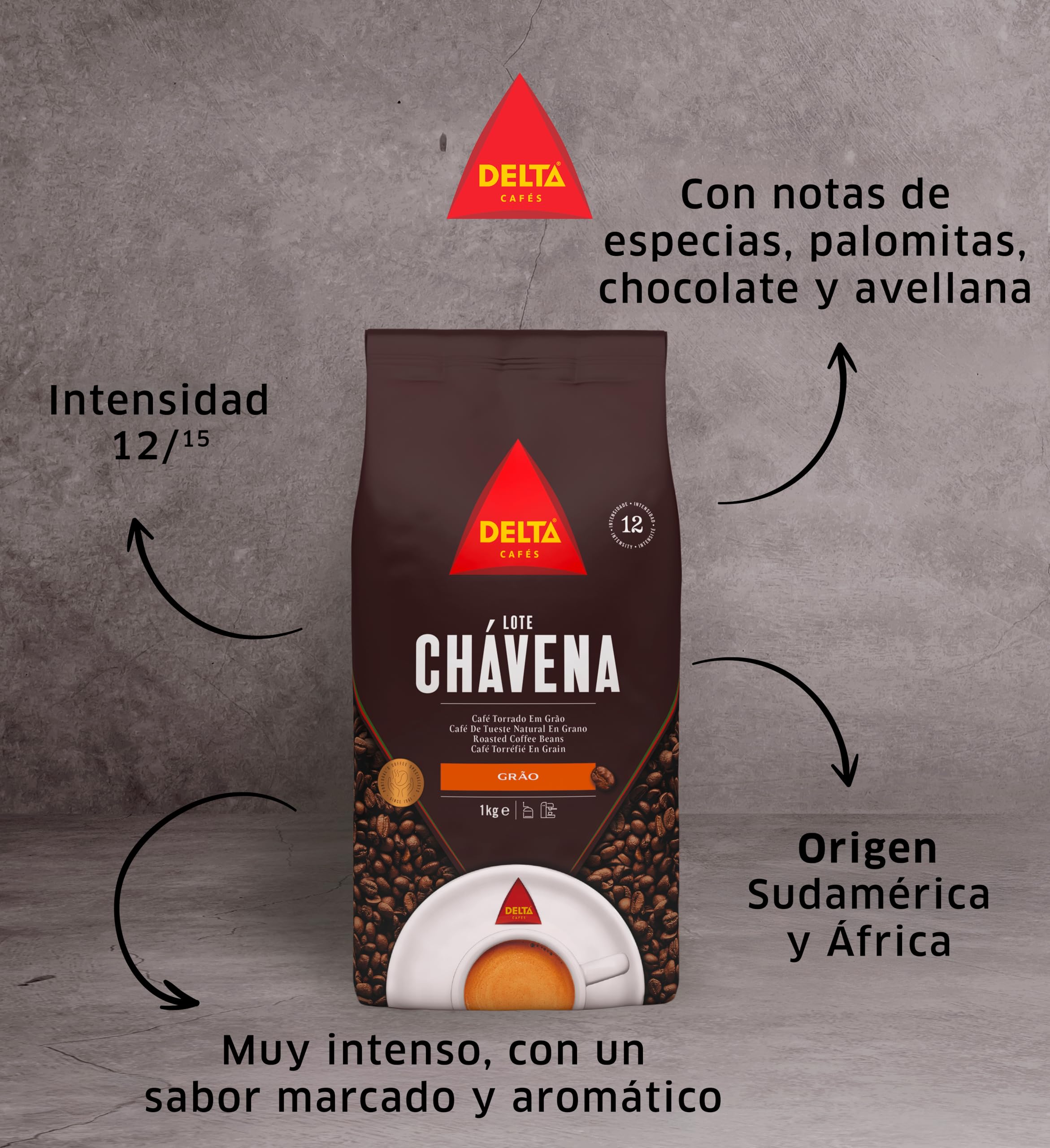 Delta Cafés - Café en Grano Chávena - Pack 2 x 1 Kg - Intensidad 12 - Mezcla de Granos Arábica y Robusta - Sabor Intenso y Aromático con Notas de Especias, Palomitas, Chocolate y Avellanas