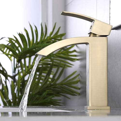 Miniatura 5 de Grifo de baño en cascada de una sola manija, grifo de baño para 1 o 3 agujeros, grifo de lavabo de cascada moderno, grifo de lavabo de oro cepillado