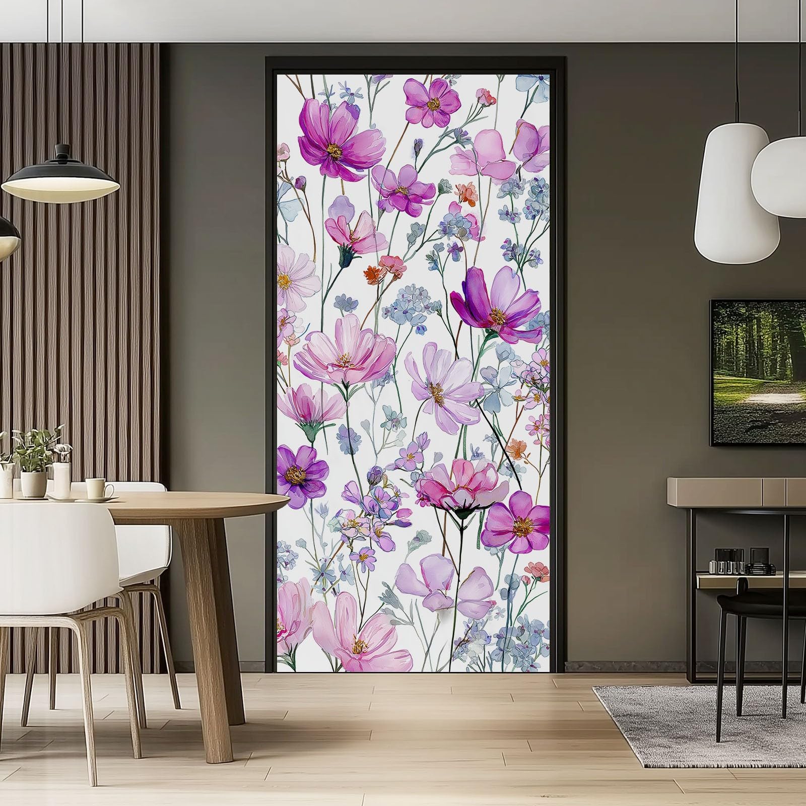 Naklejka na drzwi 3D, samoprzylepna, PCW, 90 x 200 cm, zdejmowana, fioletowa, wodoszczelna, do sypialni, kuchni, łazienki, biura, dekoracja drzwi - akwarela, kwiaty, motyw kwiatowy, naklejka na drzwi