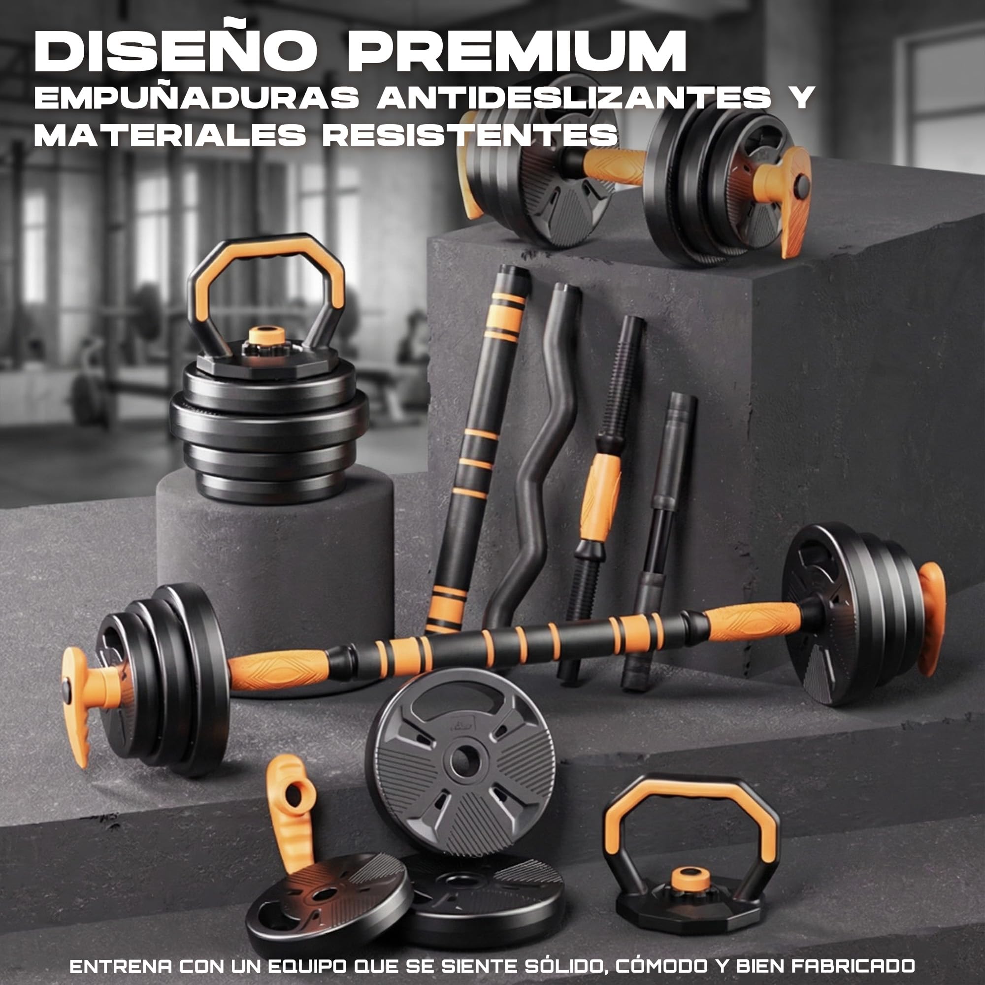 Juego de Pesas y Mancuernas Ajustables 6 en 1 – Kit Pesos Fitness Completo con Barra Curva y Rueda Abdominal – 10kg 20 kg