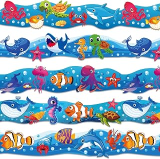 Whaline 69Ft Ocean Bulletin Board Borders Marine Animals Adhesive Trim Border for Summer Under The Sea Classroom Office Decoration