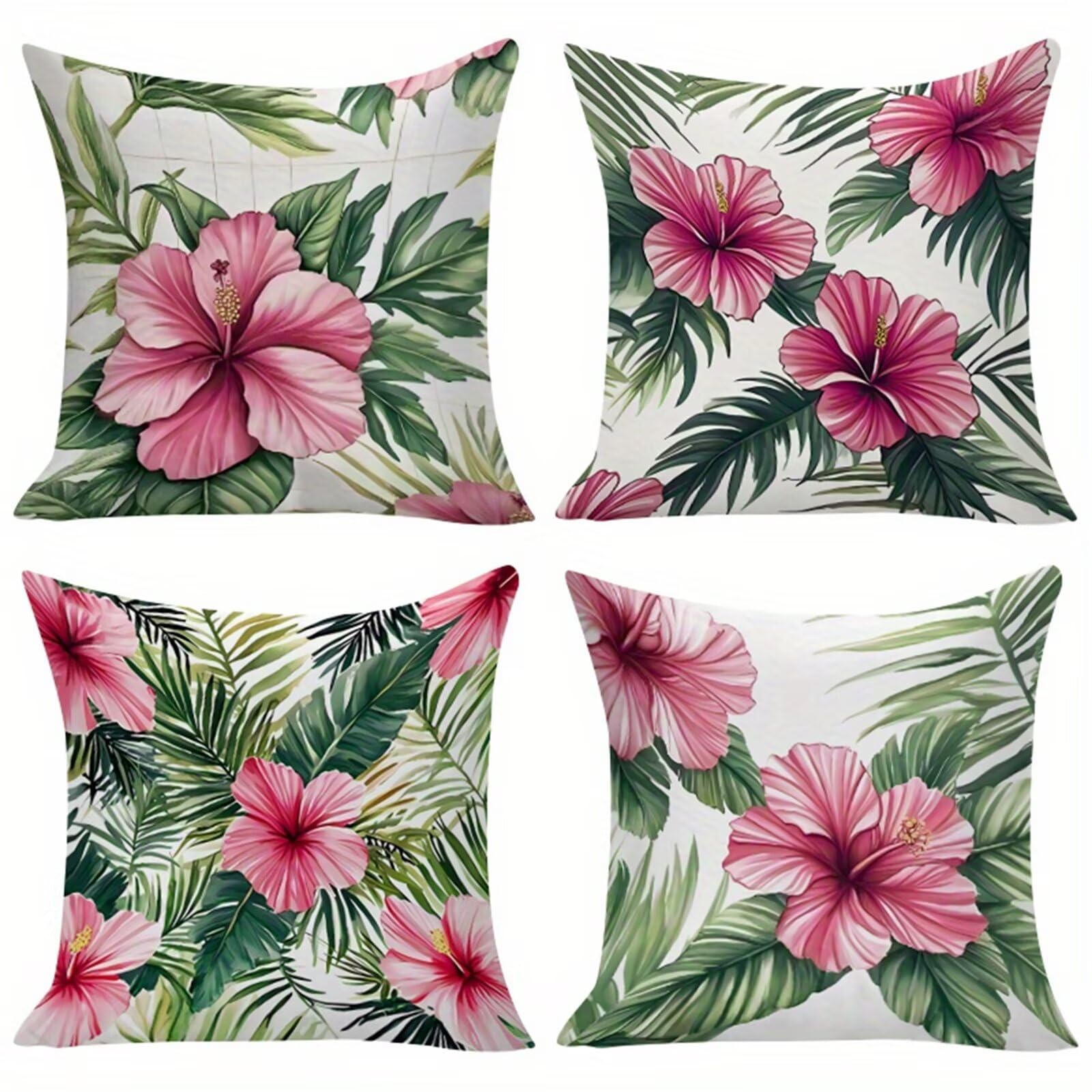 QiHon Cushion Covers 60x60 cm Set of 4 Palm Leaf Flowers Linen Square Pillow Cases 24x24 inch Modern Decorative Throw Pillow Covers for Sofa Couch Bedroom Home Office with Invisible Zipper